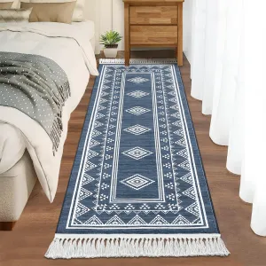 Boho Washable Runner Rug, Non-Slip Moroccan Tribal Carpet with Tassels, Stain-Resistant Farmhouse Geometric Floor Cover, Blue