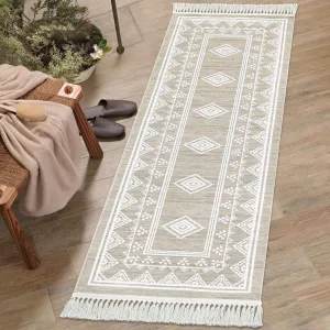 Boho Washable Runner Rug, Non-Slip Moroccan Tribal Carpet with Tassels, Stain-Resistant Farmhouse Geometric Floor Cover, Taupe
