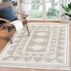 Boho Washable Area Rug, Non-Slip Moroccan Tribal Carpet with Tassels, Stain-Resistant Farmhouse Geometric Floor Cover, Taupe