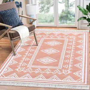 Boho Washable Area Rug, Non-Slip Moroccan Tribal Carpet with Tassels, Stain-Resistant Farmhouse Geometric Floor Cover, Pink