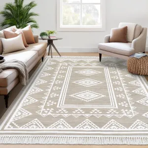 Boho Washable Area Rug, Non-Slip Moroccan Tribal Carpet with Tassels, Stain-Resistant Farmhouse Geometric Floor Cover, Taupe