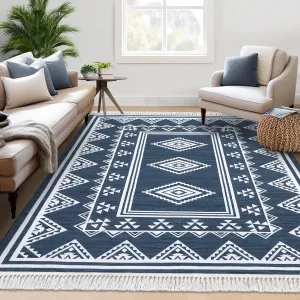Boho Washable Area Rug, Non-Slip Moroccan Tribal Carpet with Tassels, Stain-Resistant Farmhouse Geometric Floor Cover, Blue