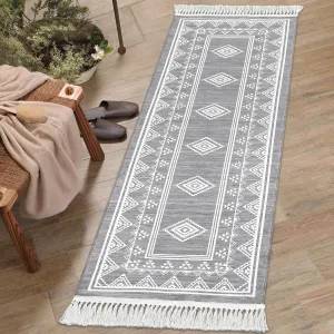 Boho Washable Runner Rug, Non-Slip Moroccan Tribal Carpet with Tassels, Stain-Resistant Farmhouse Geometric Floor Cover, Grey