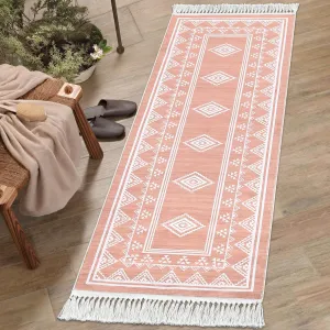 Boho Washable Runner Rug, Non-Slip Moroccan Tribal Carpet with Tassels, Stain-Resistant Farmhouse Geometric Floor Cover, Pink
