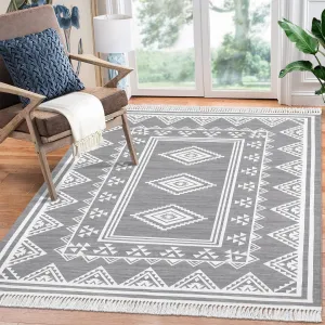 Boho Washable Area Rug, Non-Slip Moroccan Tribal Carpet with Tassels, Stain-Resistant Farmhouse Geometric Floor Cover, Grey