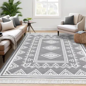 Boho Washable Area Rug, Non-Slip Moroccan Tribal Carpet with Tassels, Stain-Resistant Farmhouse Geometric Floor Cover, Grey