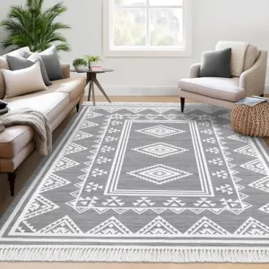 Boho Washable Area Rug, Non-Slip Moroccan Tribal Carpet with Tassels, Stain-Resistant Farmhouse Geometric Floor Cover, Grey