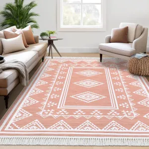 Boho Washable Area Rug, Non-Slip Moroccan Tribal Carpet with Tassels, Stain-Resistant Farmhouse Geometric Floor Cover, Pink