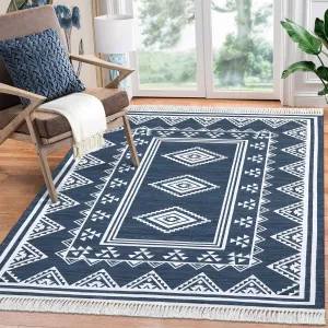 Boho Washable Area Rug, Non-Slip Moroccan Tribal Carpet with Tassels, Stain-Resistant Farmhouse Geometric Floor Cover, Blue