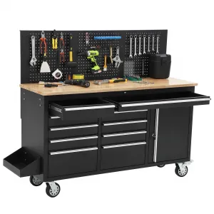 61 x 19 Inch Tool Chest Workbench, 61-inch Rolling Tool Chest with Wheels, 10 Drawers, Multifunctional Tool Cart Mechanic Tool Storage Cabinet for Garage, Assembled Large Tool Box Storage Cabinet, Black