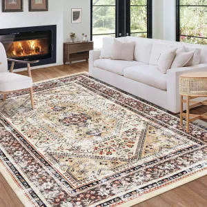 Living Room Area Rug 8x10 Machine Washable Vintage Boho Soft Low Pile Non Slip Yellow Brown