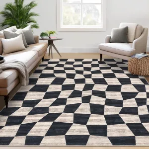 Dark Blue Washable Rug 8 x 10 Rug for Bedroom Checkered Rug Non Slip Plaid Living Room Rug Large Area Rug Stain Resistant Soft Throw Rugs Foldable Carpet for Nursery Dining Room