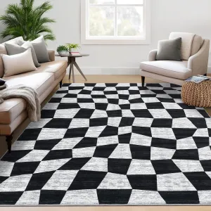 Washable Rug 8x10 Rug for Living Room Checkered Rug Non Slip Black Plaid Rugs for Bedroom Large Area Rug Stain Resistant Soft Throw Rugs Foldable Carpet for Nursery Dining Room