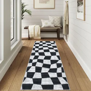2x6 Runner Rug Non Slip Black Checkered Rug Washable Plaid Modern Area Rugs Low Pile Stain Resistant Throw Mat Soft Non Shedding Carpet for Bedroom Bathroom Laundry, Black