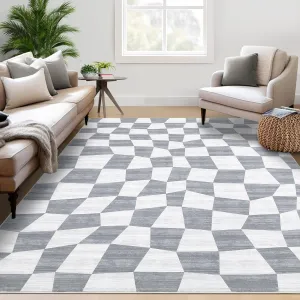 Washable Rug 8x10 Area Rugs for Bedroom Checkered Rug Non Slip Grey Plaid Living Room Rug Large Area Rug Stain Resistant Soft Throw Rugs Foldable Carpet for Nursery Dining Room Grey 8'x10'