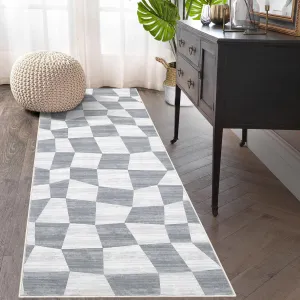 Checkered Hallway Runner Rug 2x6ft Washable Non Slip Plaid Modern Kitchen Floor Mat Stain Resistant Soft Indoor Throw Covers for Entryway Bedside Bedroom Bathroom Laundry,Grey