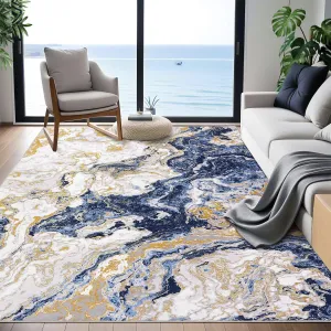 Abstract Blue 4x6 Modern Marble Rug, Ultra-Thin Washable Rug Boho Marble Pattern Area Rug, Non Slip Low Pile Soft Luxury Bedroom Rug, Ideal for Living Room Kitchen Dining