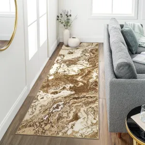 Abstract Brown 2x8 Marble Runner Rug Non Slip Washable Polyester Abstract Pattern for Kitchen Hallway Bedroom Entryway