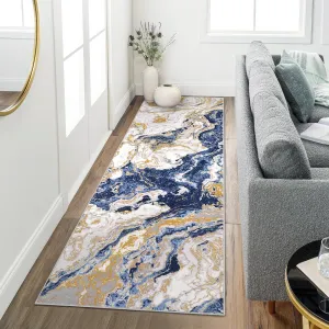 Abstract Blue 2x6 Modern Marble Runner Rug Washable Kitchen Runner Rug Ultra-Thin Marble Pattern Rug Runners for Hallways Non Slip Ruuner Rug for Bedroom Entryway