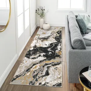 Abstract Black 2x6 Modern Marble Runner Rug, Washable Kitchen Runner Rug Marble Pattern Rug Runners for Hallways Non Slip, 2’x6’ Runner Rug for Bedroom Entryway