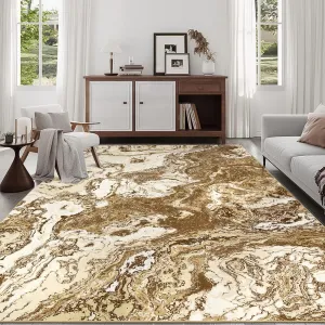 Abstract Brown 6x9 Marble Area Rug - Soft Luxury, High Traffic Durable, Washable, Non-Slip, Indoor Living Room Kitchen