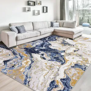 Abstract Blue 10x13 Marble Rug for Living Room Area Rug Ultra-Thin Low Pile Washable Rugs Large Soft Bedroom Rug Non Slip Marble Carpet for Dining Room