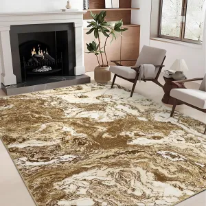 Abstract Brown 10x13 Marble Area Rug- Soft Luxury, Durable High Traffic Carpet - Non-Slip, Washable - Brown Accent for Living Room Kitchen