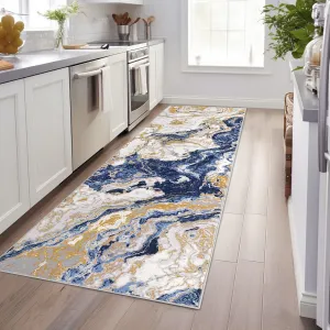 Abstract Blue 2x8 Modern Marble Runner Rug, Washable Non Slip Kitchen Hallway Runner