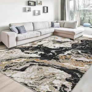 Abstract Black 10x13 Marble Rugs for Living Room Machine Washable Area Rug Low Pile Large Bedroom Rug Modern Rugs, Ideal for High Traffic Areas in Dining Room Bedroom