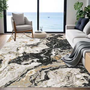 Abstract Black 4x6 Modern Washable Rug Ultra-Thin Boho Marble Pattern Area Rug, Soft Luxury Bedroom Rug, Ideal for High Traffic Areas In Living Room Kitchen Dining