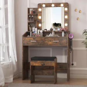 Vanity Desk with Mirror and Lights, Makeup Vanity with Power Outlet & Cushioned Stool, 3 Lighting Modes Adjustable Brightness, Dressing Table with Hairdryer Holder for Bedroom, Rustic Brown