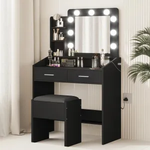 Vanity Desk with Mirror and Lights, Makeup Vanity with Power Outlet, 3 Lighting Modes Adjustable Brightness, Small Vanity Table Set with 2 Drawers and Cushioned Stool, Makeup Table for Bedroom, Black
