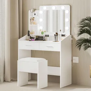 Vanity Desk with Mirror and Lights, Makeup Vanity with Power Outlet, 3 Lighting Modes Adjustable Brightness, Small Vanity Table Set with 2 Drawers and Cushioned Stool, Makeup Table for Bedroom, Pink