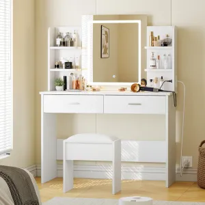 Vanity Desk with Mirror and Lights, Makeup Vanity Set w/Desk and Chair, Power Outlet, Makeup Vanity Desk with 6 Storage Shelves, 2 Large Drawers and 3 Color Adjustable Brightness, White