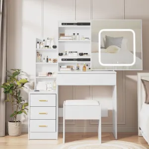 Vanity Desk with LED Mirror, 3 Mode Lighting, Charging Station, 4 Drawers, Shelves, Cushioned Stool, White, Bedroom