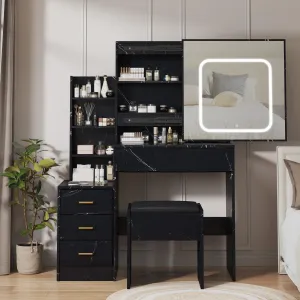 Bedroom Dresser with Electrical Outlet 4 Drawer Storage Cabinet Dresser with Sliding Mirror and Lighting Dresser Set with Stool, Open Shelf 3 Colors Lighting Patterns-Marble Black