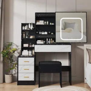 Bedroom Dresser with Electrical Outlet 4 Drawer Storage Cabinet Dresser with Sliding Mirror and Lighting Dresser Set with Stool, Open Shelf 3 Colors Lighting Patterns