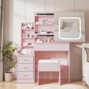 Vanity Desk with LED Mirror, Sliding Mirror, Charging Station, 4 Drawers, Shelves, Cushioned Stool, Pink for Bedroom