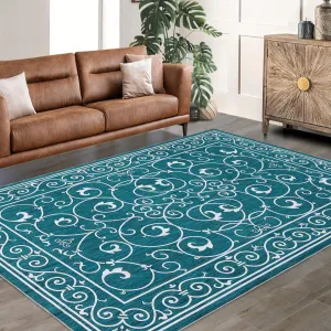 9x12 Area Rug Washable Rugs Vintage Floral Living Room Carpet Moroccan Office Rug Low Pile Throw Rugs Modern Area Rug Non-Slip Backing Carpet for Bedroom Distressed Room Decor Rug Green Rug
