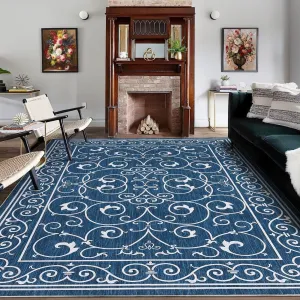 Vintage Washable Area Rug 4x6 Living Room Large Indoor Rugs Soft Vintage Floral Rugs Non-Slip Backing Stain Resistant Carpet for Bedroom Farmhouse Kitchen Dining Room Kids Playroom, Navy