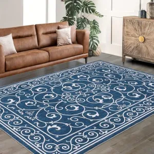 5x7 Rug Washable Rugs Vintage Floral Rug for Living Room Moroccan Office Rug Low Pile Throw Rugs Modern Area Rug for Bedroom Non-Slip Backing Room Decor Distressed Rug Blue Rug