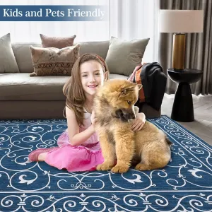 Vintage Entryway Rug 2x3 Rug Non Slip Washable Kitchen Rug Floral Low Pile Rugs Indoor Non Shedding Kitchen Carpet for Bedroom Bathroom Laundry, Navy