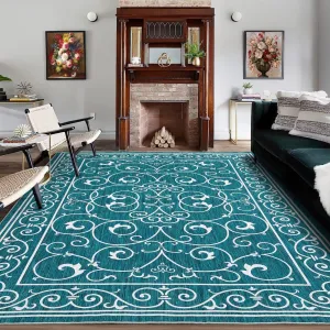 Vintage Washable Area Rugs 6x9 for Living Room Low Pile Indoor Floral Rug for Bedroom Large Soft Distressed Accent Rugs Non Shedding Indoor Carpets, Teal