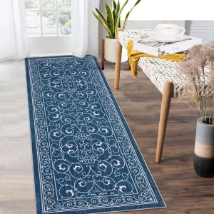 Washable Rugs 2x6 Runner Rug Vintage Floral Rug for Living Room Moroccan Office Rug Low Pile Throw Rugs Modern Area Rug for Bedroom Non-Slip Backing Room Decor Distressed Rug Blue Rug
