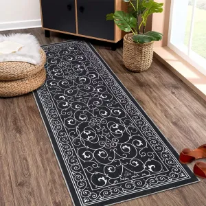 Vintage Washable Area Rug 4x6 Living Room Large Indoor Rugs Soft Vintage Floral Rugs Non-Slip Backing Stain Resistant Carpet for Bedroom Farmhouse Kitchen Dining Room Kids Playroom, Black