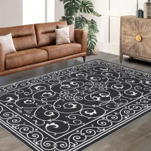 8x10 Rug Washable Living Room Rugs Moroccan Area Rug for Bedroom Vintage Floral Office Rug Non-Slip Backing Throw Rugs Modern Area Rug Distressed Room Decor Ghothic Rug Black Rug