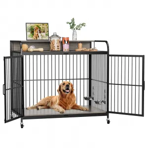 48" Dog Kennel Furniture for Large Dogs,Large Dog Crate, Wooden Heavy Duty, Dog Crate Indoor with Adjustable Height Bowls, 48" L X 29.9" W X 44.3" H,Grey