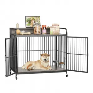 Dog Crate Furniture, Dog Crate Indoor with Adjustable Height Bowls, Wooden Heavy Duty, 39.8 Inch Dog Kennel Furniture for Medium Dogs, 39.8" L X 22.5" W X 38.6" H,Grey