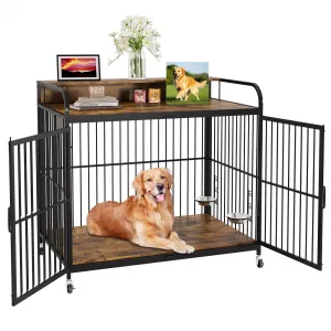 Heavy Duty Dog Crate Furniture, Wooden Dog Crate End Table with Adjustable Height & 360° Rotating Feeder, Dog Kennel Indoor, Small