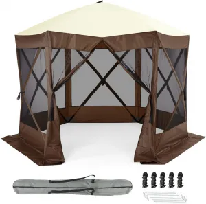 10x10ft Portable Pop-Up Camping Gazebo - 6-Sided Canopy Screen Tent with Mesh Windows & Carry Bag for Outdoor, Picnic, Backyard Party, Brown